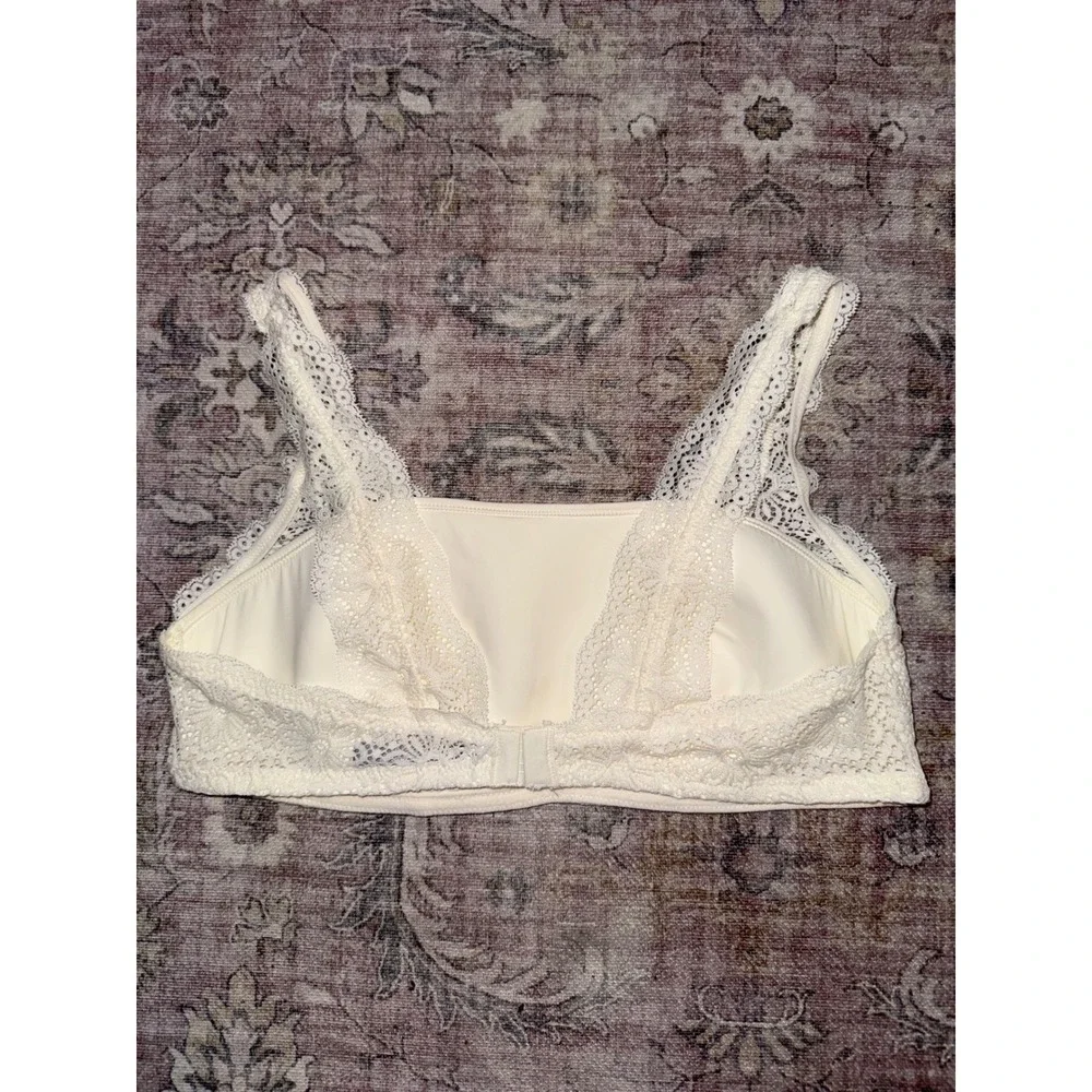 Aerie Women White Floral Lace Bralette Plunge‎ Mesh Inset Hook Eye Closure Large